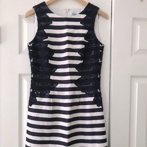 ANTONIO MELANI Navy/White Sleeveless Striped Lace Trim Sheath Dress